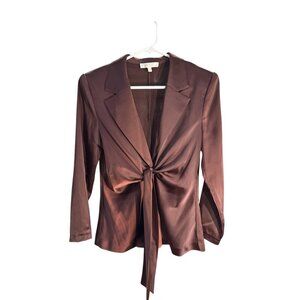 Wayf Womens Espresso V Neck Satin Tie-Front Blouse Size XS, Pre-Owned EUC
